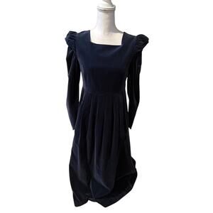 Vintage 80s Laura Ashley Velvet Square Neck Puff Sleeve Princess Maxi Dress Blue